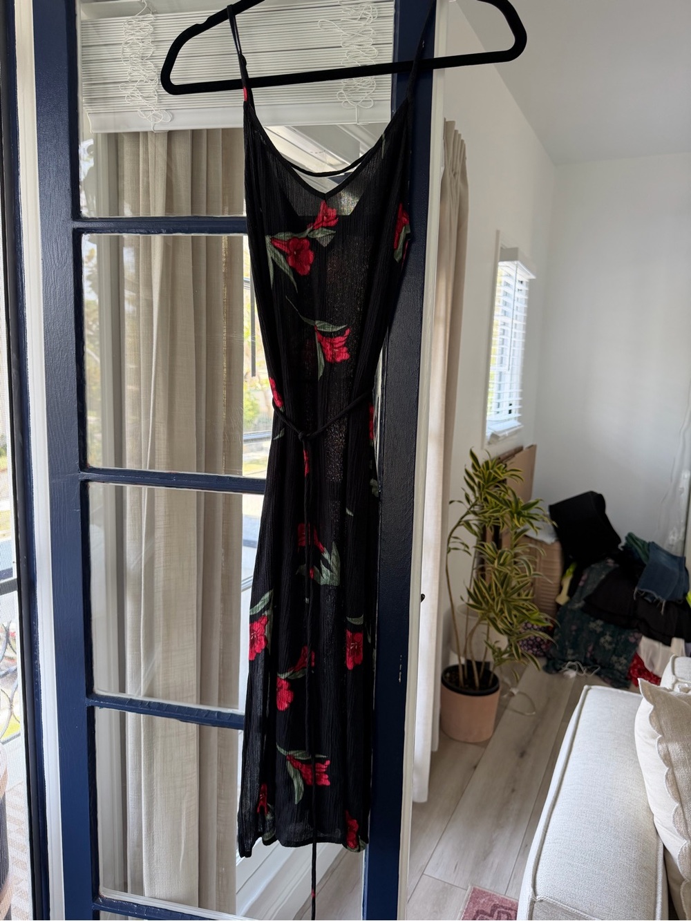 Forever 21 Black Midi Slip Dress with Red Floral Embroidery